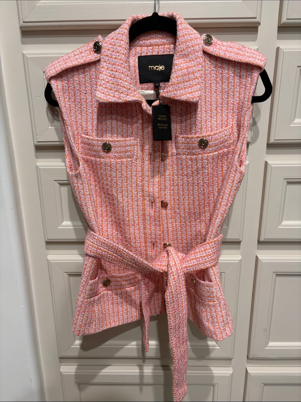 Maje Pink And White Tweed Belted Sleeveless Vest